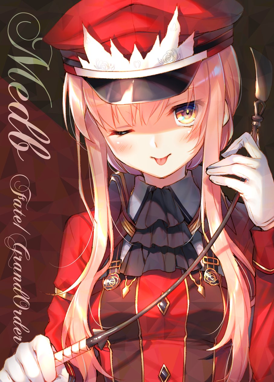 1girl :p black_neckwear blush breasts character_name copyright_name cravat fate/grand_order fate_(series) gloves hand_up hat highres holding jacket long_hair long_sleeves looking_at_viewer medb_(fate)_(all) medb_(fate/grand_order) medium_breasts one_eye_closed peaked_cap pink_hair red_headwear red_jacket riding_crop smile solo tongue tongue_out toosaka_asagi upper_body white_gloves yellow_eyes