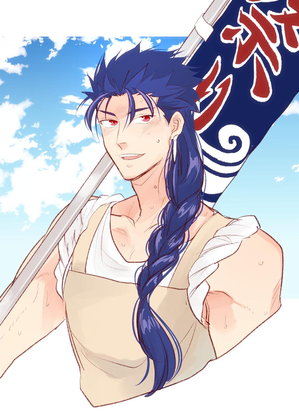 1boy alternate_costume alternate_hairstyle apron blue_hair braid braided_ponytail clouds cloudy_sky cu_chulainn_(fate)_(all) earrings emiya-san_chi_no_kyou_no_gohan fang fate/stay_night fate_(series) flag highres jewelry lancer long_hair looking_to_the_side male_focus open_mouth red_eyes sabo_ch sky sleeves_rolled_up smile solo sweat type-moon