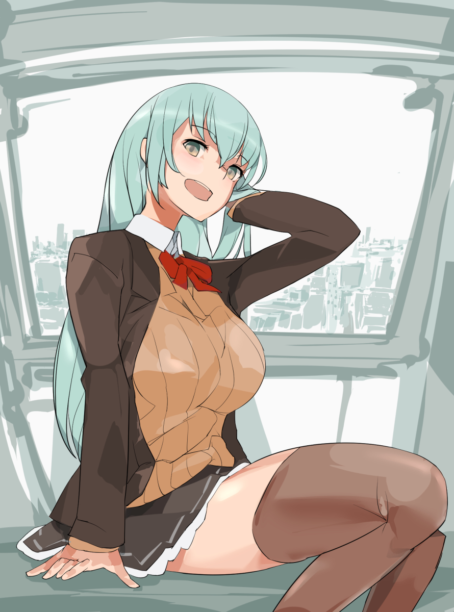 1girl :d aqua_hair bow bowtie brown_jacket brown_legwear brown_skirt cardigan commentary_request eyebrows_visible_through_hair ferris_wheel_interior grey_eyes hair_ornament hairclip hand_in_hair highres jacket kantai_collection long_hair looking_at_viewer open_clothes open_jacket open_mouth pleated_skirt red_neckwear remodel_(kantai_collection) school_uniform sitting skirt smile solo suzuya_(kantai_collection) thigh-highs yamaioni_(sasakama)