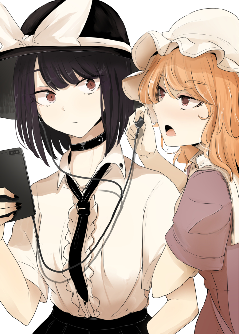 2girls black_choker black_headwear black_neckwear black_skirt blonde_hair bow choker closed_mouth dress earphones hat hat_bow holding holding_phone looking_at_viewer maribel_hearn multiple_girls ne_kuro necktie open_mouth phone pink_dress purple_hair red_eyes shirt short_sleeves simple_background skirt touhou usami_renko white_background white_bow white_shirt wide-eyed