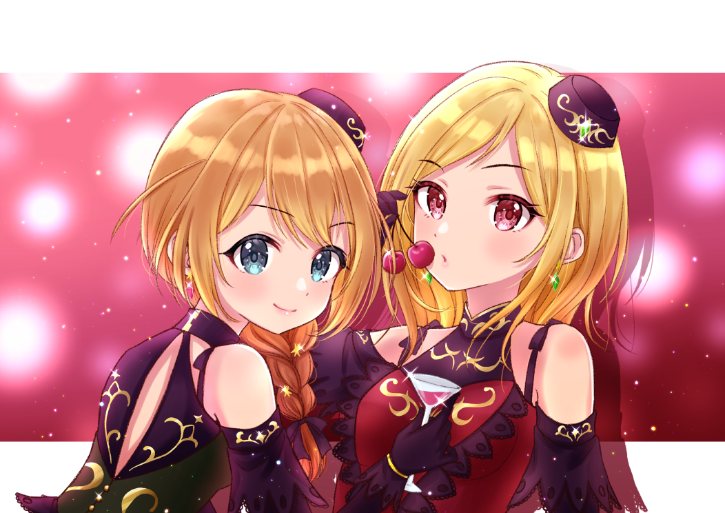 2girls :o baba_konomi bare_shoulders blonde_hair blue_eyes braid breasts cherry closed_mouth detached_sleeves dress drink earrings eyebrows_visible_through_hair food fruit hat hiiragi_kei holding holding_drink holding_food holding_fruit idolmaster idolmaster_million_live! idolmaster_million_live!_theater_days jewelry looking_at_viewer looking_back medium_hair momose_rio multiple_girls open_mouth red_eyes short_hair small_breasts smile