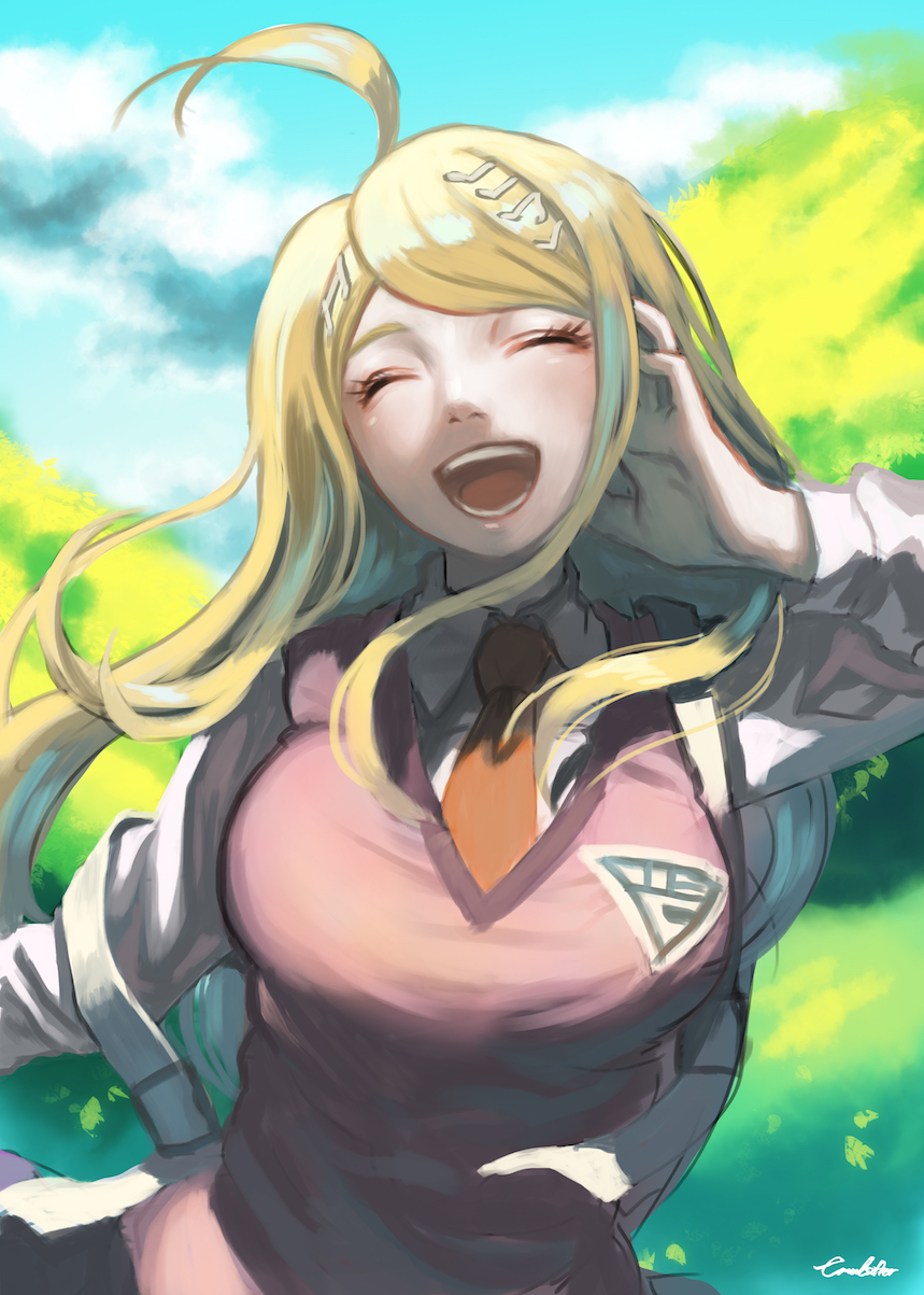 1girl :d ahoge akamatsu_kaede backpack bag bangs blonde_hair breasts closed_eyes collared_shirt commentary_request dangan_ronpa_(series) dangan_ronpa_v3:_killing_harmony day facing_viewer hair_ornament hand_in_hair happy highres large_breasts long_hair long_sleeves musical_note_hair_ornament necktie nyuukazai open_mouth orange_neckwear outdoors pink_vest shirt smile solo teeth tree upper_body vest