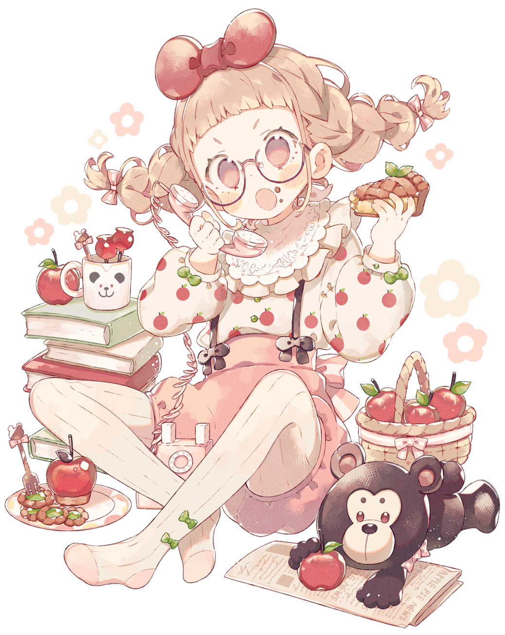 1girl :o apple apple_pie apple_print bangs basket bear blunt_bangs book_stack bow braid candy_apple child cup eating food food_on_face fruit full_body glasses hair_bow highres long_sleeves looking_at_viewer mug original pantyhose phone plate puffy_long_sleeves puffy_sleeves red_bow short_twintails simple_background sitting solo suspenders twin_braids twintails wakanagi_eku white_background white_legwear