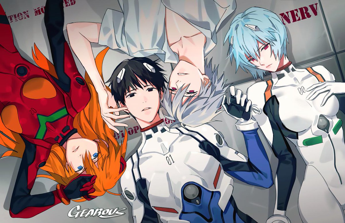 2boys 2girls arm_at_side artist_name ayanami_rei black_eyes black_hair blue_eyes bodysuit breasts clothes_writing collarbone collared_shirt dress_shirt expressionless eyebrows_visible_through_hair framed_breasts from_above gearous hair_between_eyes hairpods hand_on_another's_face hand_on_own_chest hand_on_own_face hand_up ikari_shinji light_blue_hair lineup long_hair looking_at_viewer looking_up lying medium_breasts multiple_boys multiple_girls nagisa_kaworu neon_genesis_evangelion number on_back orange_hair parted_lips plugsuit red_bodysuit red_eyes rotational_symmetry shadow shiny shiny_hair shirt short_hair short_sleeves silver_hair skin_tight souryuu_asuka_langley upper_body very_short_hair white_bodysuit white_shirt