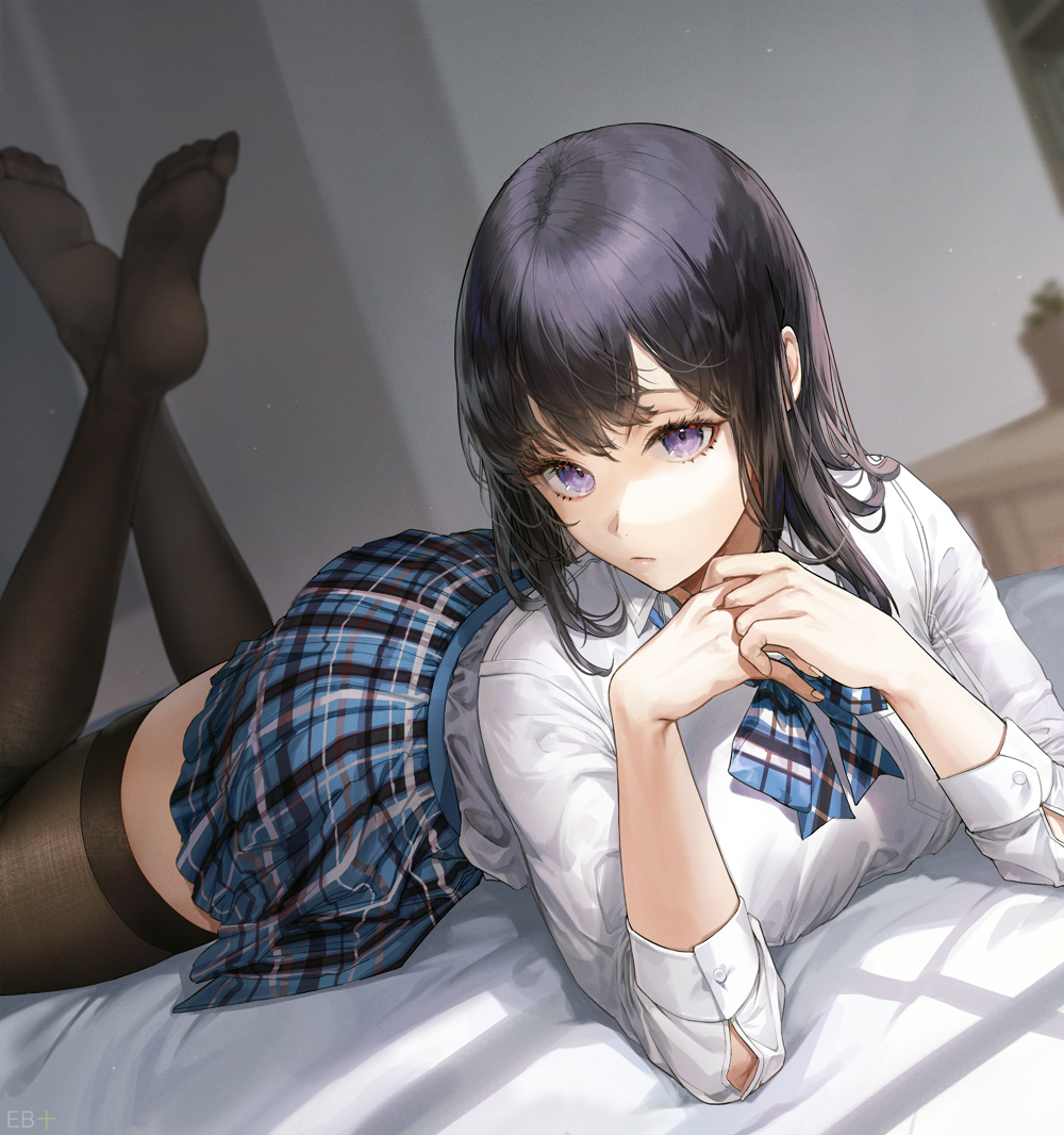 1girl artist_name bangs bed_sheet black_hair black_legwear blue_bow blue_neckwear blue_skirt bow bowtie breasts closed_mouth crossed_ankles dutch_angle eyebrows_visible_through_hair eyelashes fingernails kim_eb large_breasts long_fingernails long_hair long_sleeves looking_at_viewer lying miniskirt on_bed on_stomach original own_hands_together plaid plaid_skirt pleated_skirt skirt solo thigh-highs zettai_ryouiki