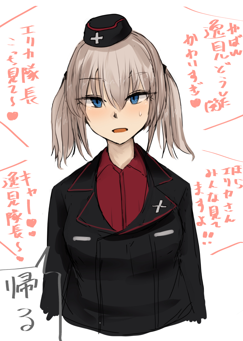 1girl alternate_hairstyle beret black_headwear black_jacket blue_eyes blush cropped_arms cropped_torso girls_und_panzer hat itsumi_erika jacket looking_at_viewer medium_hair ne_kuro open_mouth red_shirt shirt solo sweat translation_request twintails