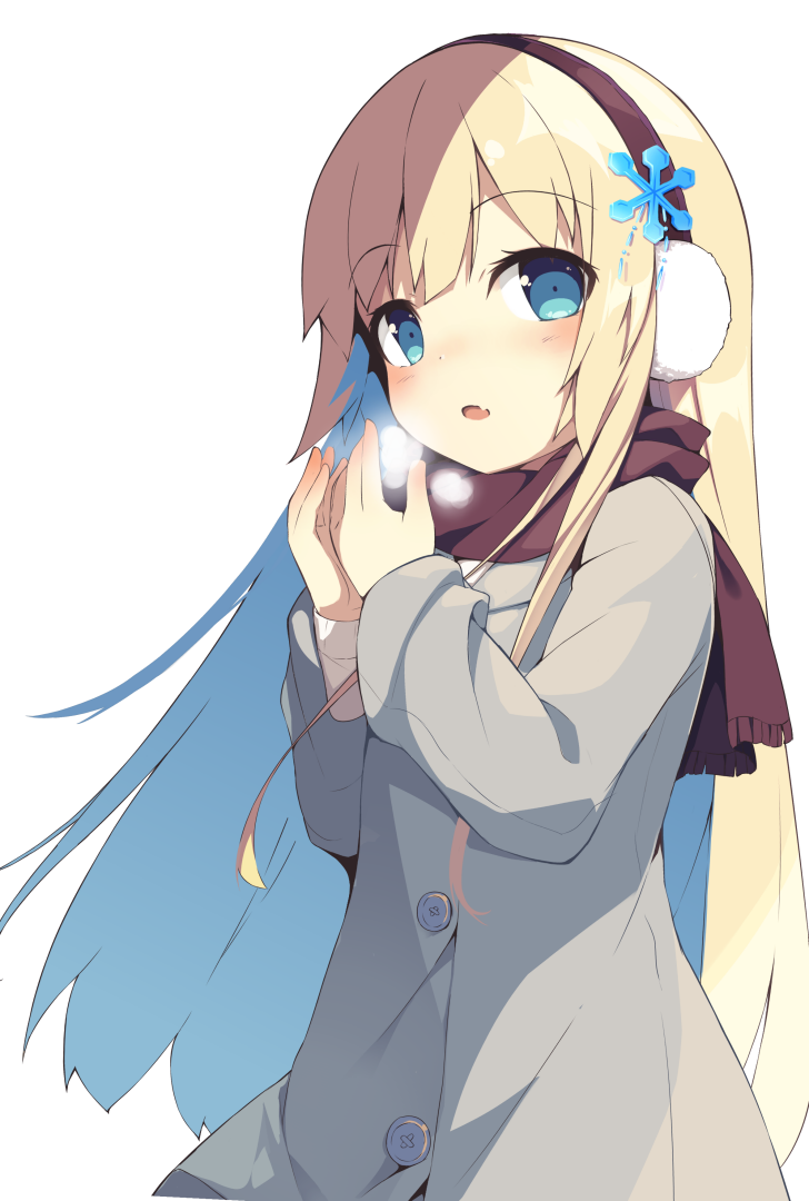 1girl bangs blonde_hair blue_eyes blush earmuffs eyebrows_visible_through_hair fang hair_ornament masaki_(machisora) open_mouth original scarf skin_fang snowflake_hair_ornament solo transparent_background visible_air