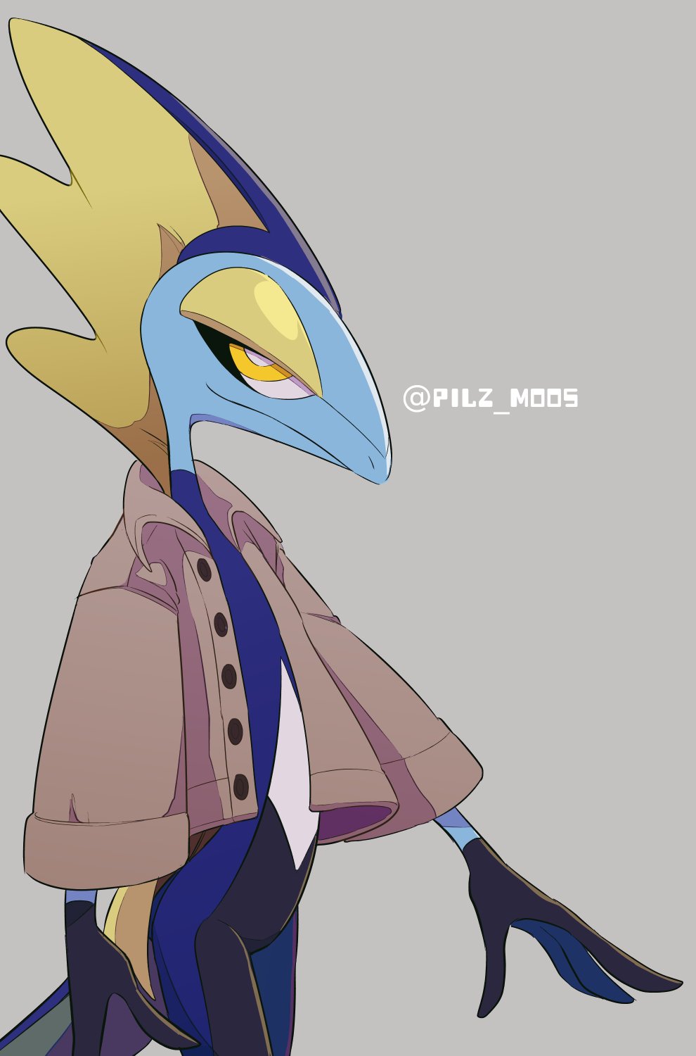 brown_jacket buttons closed_mouth clothed_pokemon collared_jacket commentary_request cowboy_shot gen_8_pokemon grey_background highres inteleon jacket koke_ojisan open_clothes open_jacket pokemon pokemon_(creature) sideways_glance simple_background smile solo watermark yellow_eyes