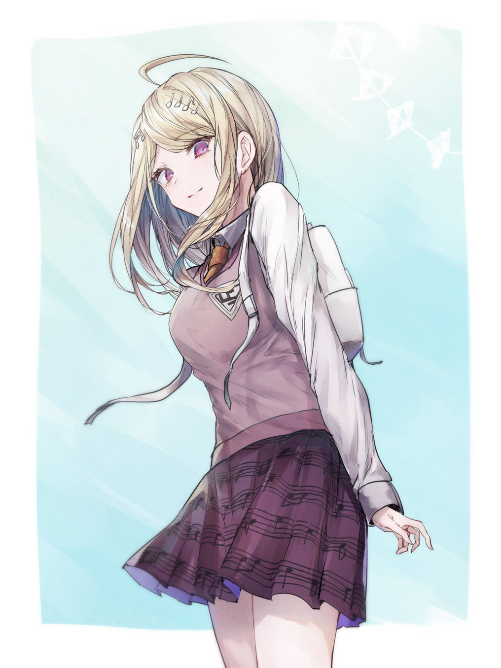 1girl ahoge akamatsu_kaede backpack bag bangs beamed_eighth_notes blonde_hair blue_background border breasts closed_mouth collared_shirt commentary_request cowboy_shot dangan_ronpa_(series) dangan_ronpa_v3:_killing_harmony eighth_note from_side goto_(sep) hair_ornament highres large_breasts long_hair long_sleeves looking_at_viewer looking_to_the_side miniskirt musical_note musical_note_hair_ornament necktie pink_sweater pleated_skirt print_skirt purple_skirt randoseru shirt skirt smile solo standing sweater sweater_vest violet_eyes white_background white_border white_shirt