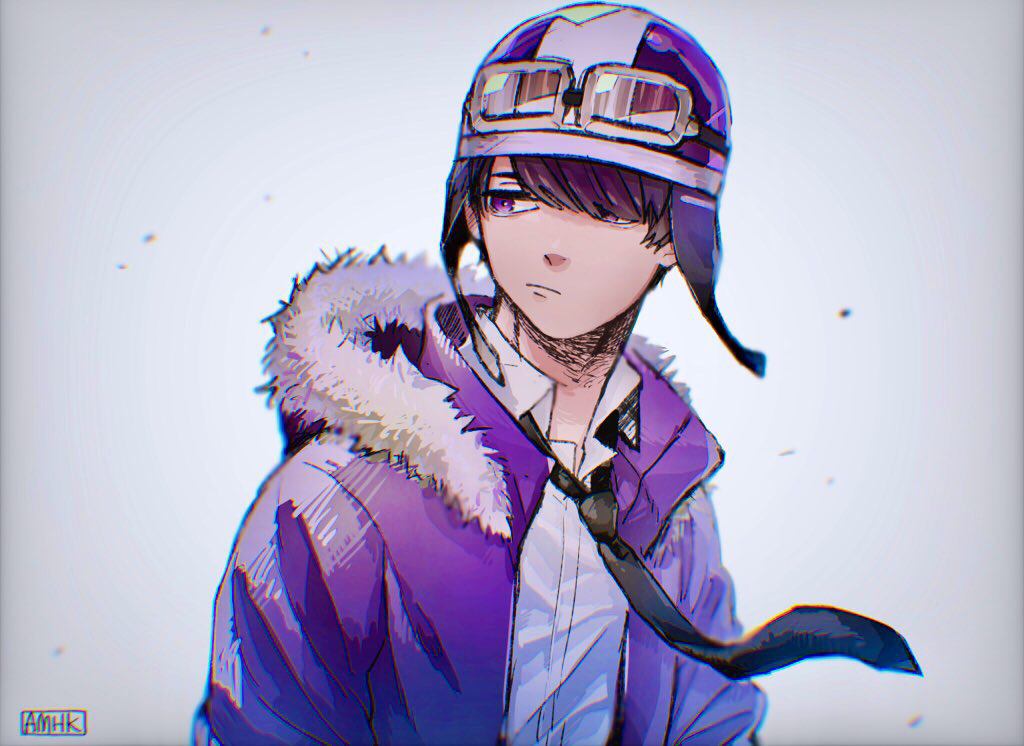 1boy amahiki artist_name aviator_cap bangs black_neckwear brown_hair chromatic_aberration closed_mouth coat collared_shirt commentary eyewear_on_headwear fur-trimmed_coat fur_trim goggles grey_background hair_over_one_eye half-closed_eyes hat hooded_coat jpeg_artifacts looking_to_the_side male_focus marumaru_no_shuyaku_wa_wareware_da! necktie open_clothes open_coat purple_coat purple_headwear shirt shoppi short_hair signature simple_background solo standing swept_bangs upper_body violet_eyes white_shirt