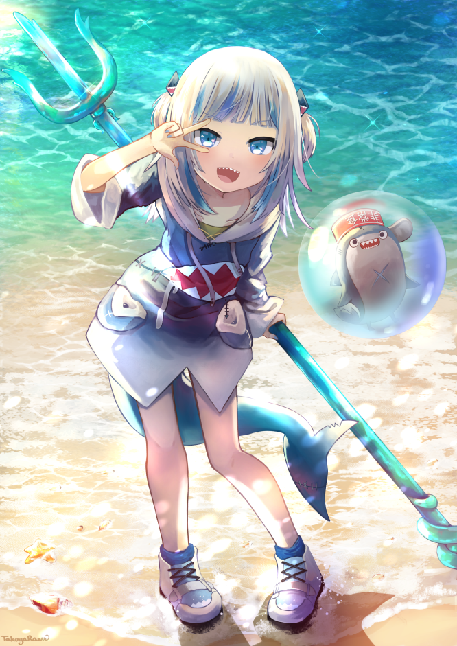 1girl :d animal_costume bangs beach bloop_(gawr_gura) blue_eyes blue_hair blue_nails blunt_bangs commentary day english_commentary fish_tail full_body gawr_gura hair_ornament hairclip hololive hololive_english hood hood_down long_hair long_sleeves looking_at_viewer multicolored_hair open_mouth outdoors polearm pouch sand shark_costume shark_tail sharp_teeth smile solo standing streaked_hair tail takuyarawr teeth trident two-tone_hair two_side_up virtual_youtuber w w_over_eye water weapon white_hair