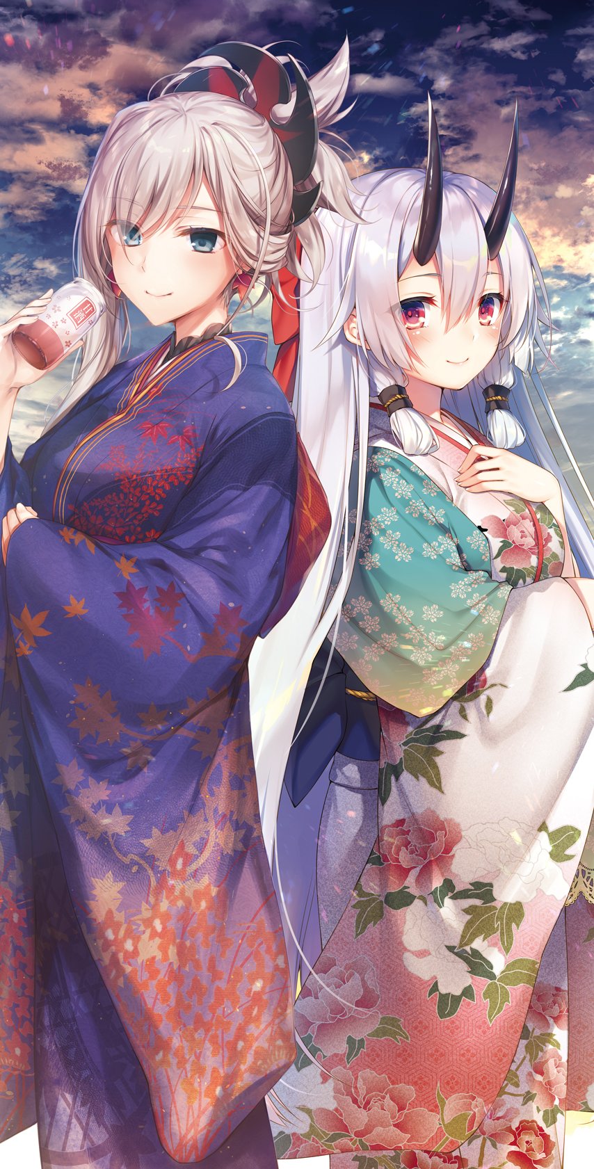 2girls blue_kimono blush closed_mouth clouds cloudy_sky collaboration commentary_request day eyebrows_visible_through_hair eyes_visible_through_hair fate/grand_order fate_(series) floral_print hair_between_eyes hand_on_own_chest highres holding horns japanese_clothes kimono komeshiro_kasu long_hair long_sleeves looking_at_viewer miyamoto_musashi_(fate/grand_order) multiple_girls obi oni_horns outdoors red_eyes sash silver_hair sky smile standing tied_hair tomoe_gozen_(fate/grand_order) toosaka_asagi very_long_hair wide_sleeves