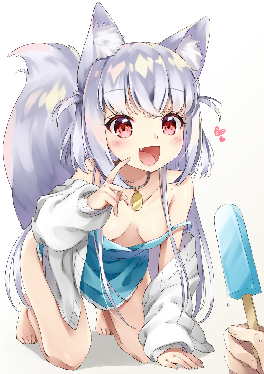 1girl :d all_fours animal_ear_fluff animal_ears bangs bare_shoulders blue_dress blush breasts collarbone commentary_request downblouse dress eyebrows_visible_through_hair fang food fox_ears fox_girl fox_tail full_body gradient gradient_background grey_background hand_up heart highres holding holding_food inumine_aya jacket long_hair long_sleeves off_shoulder open_clothes open_jacket open_mouth original out_of_frame popsicle puffy_long_sleeves puffy_sleeves red_eyes shadow silver_hair sleeves_past_wrists small_breasts smile solo_focus strap_slip tail tail_raised two_side_up very_long_hair white_background white_jacket