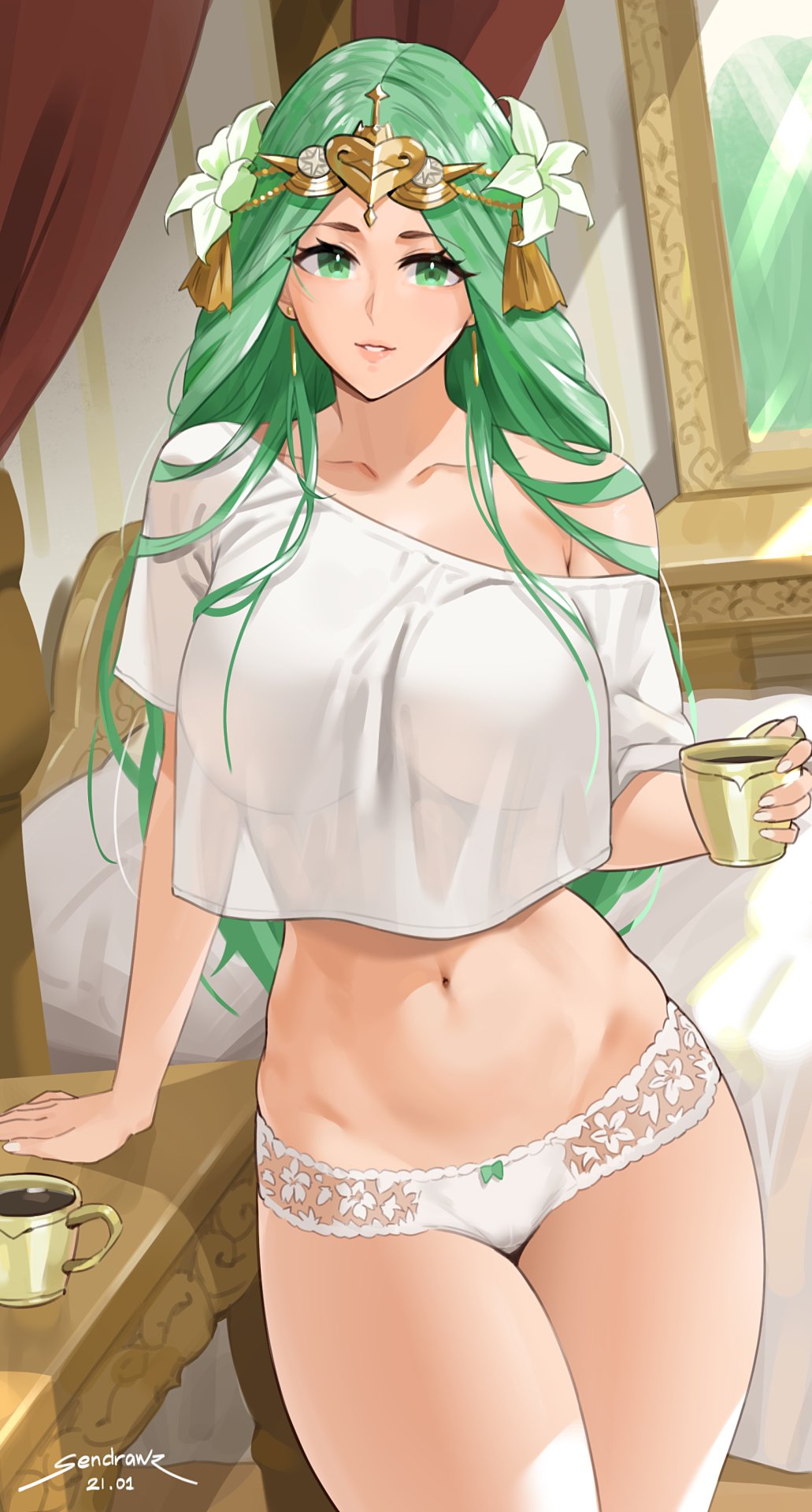 1girl arm_support bare_shoulders bed breasts circlet crop_top cup curtains earrings fire_emblem fire_emblem:_three_houses flower green_eyes green_hair hair_flower hair_ornament highres holding holding_cup jewelry lace large_breasts long_hair nail_polish navel off_shoulder panties parted_lips pillow rhea_(fire_emblem) see-through sendrawz shirt short_sleeves standing stomach table thick_thighs thighs underwear white_nails white_panties white_shirt window
