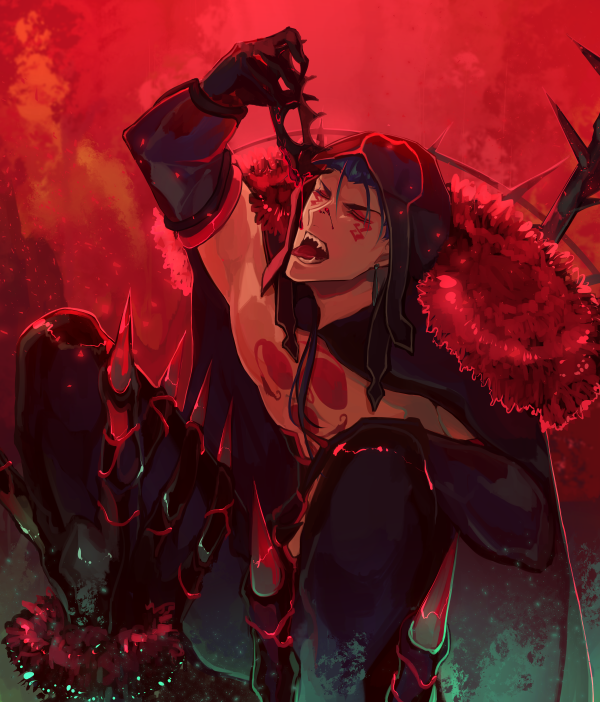 1boy black_gloves black_pants blood blood_on_face blue_hair bodypaint cape claws closed_eyes crown cu_chulainn_(fate)_(all) cu_chulainn_alter_(fate/grand_order) dark_blue_hair dark_persona detached_hood earrings elbow_gloves facepaint fate/grand_order fate_(series) fur-trimmed_cape fur_trim gloves hood hood_up jewelry long_hair male_focus muscular open_mouth pants ponytail sharp_teeth solo spikes squatting teeth tongue tongue_out type-moon yuaki9610