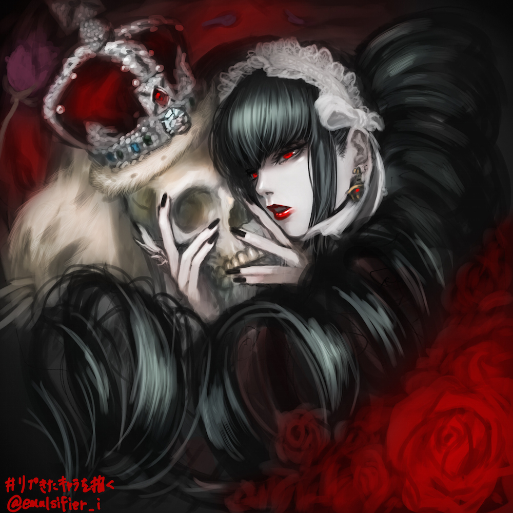 1girl bangs black_hair black_nails blurry celestia_ludenberg commentary_request crown dangan_ronpa:_trigger_happy_havoc dangan_ronpa_(series) drill_hair earrings flower gothic_lolita half-closed_eyes holding holding_skull jewelry lipstick lolita_fashion long_hair makeup nail_polish necktie nyuukazai open_mouth pale_skin realistic red_eyes red_flower red_lips red_lipstick red_rose rose skull solo twin_drills twintails