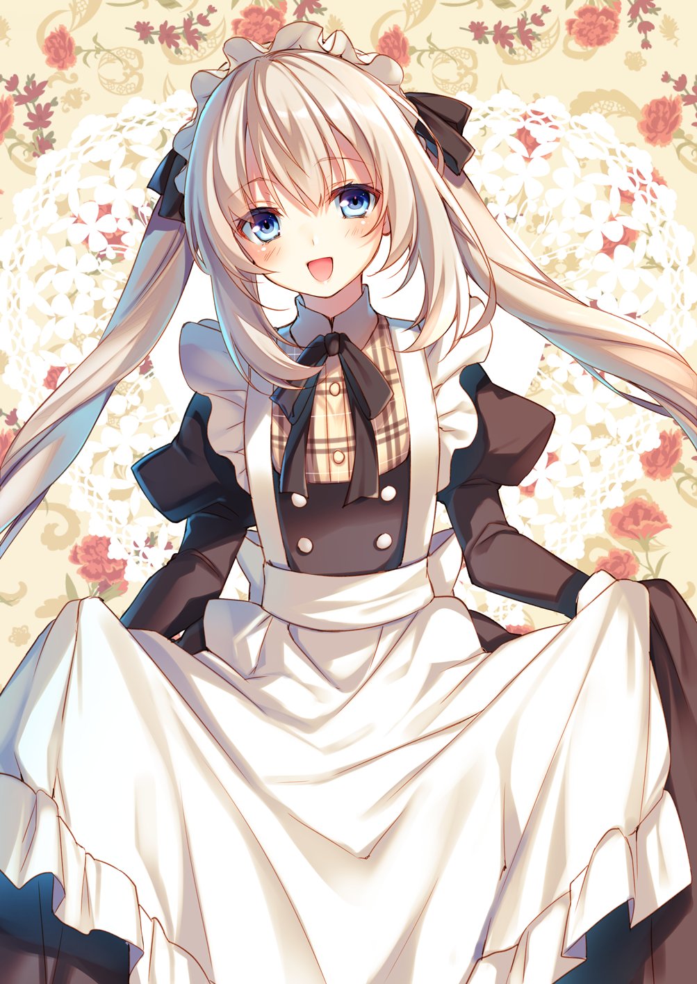 1girl :d apron black_dress black_neckwear black_ribbon blue_eyes blush copyright_request double-breasted dress floating_hair grey_hair hair_ribbon highres juliet_sleeves long_hair long_sleeves looking_at_viewer maid maid_apron neck_ribbon open_mouth puffy_sleeves ribbon skirt_hold smile solo toosaka_asagi twintails_day white_apron