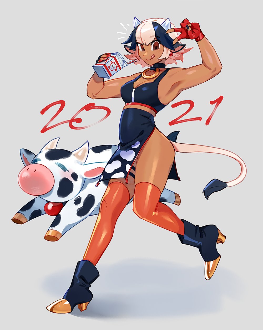 1girl 2021 animal_ears armpits black_dress black_footwear black_nails cow_ears cow_girl cow_horns cow_tail dark_skin dress drinking_straw eyebrows_visible_through_hair full_body grey_background hands_up highres horns leg_up milk_carton orange_legwear original red_nails shadow short_hair simple_background smile solo standing tail thigh-highs tongue tongue_out v white_hair zambiie