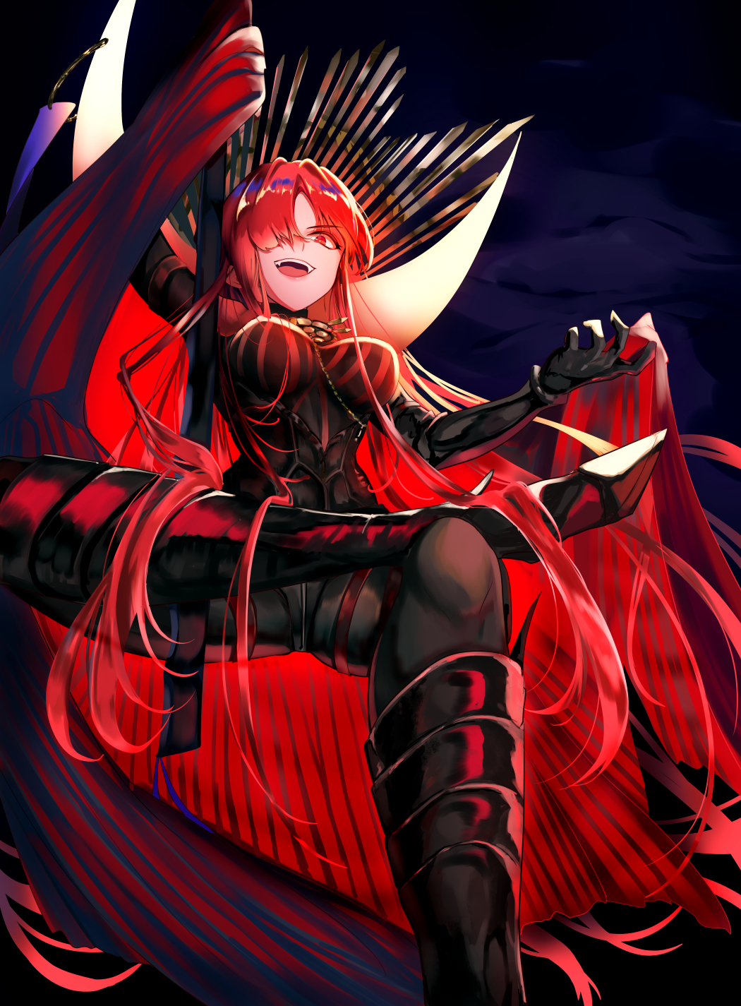 1girl armored_boots black_bodysuit bodysuit boots cape collared_cape family_crest fate/grand_order fate_(series) hair_over_one_eye hieno_hiro highres oda_nobunaga_(fate)_(all) oda_nobunaga_(maou_avenger)_(fate) oda_uri popped_collar red_cape red_eyes redhead smile solo