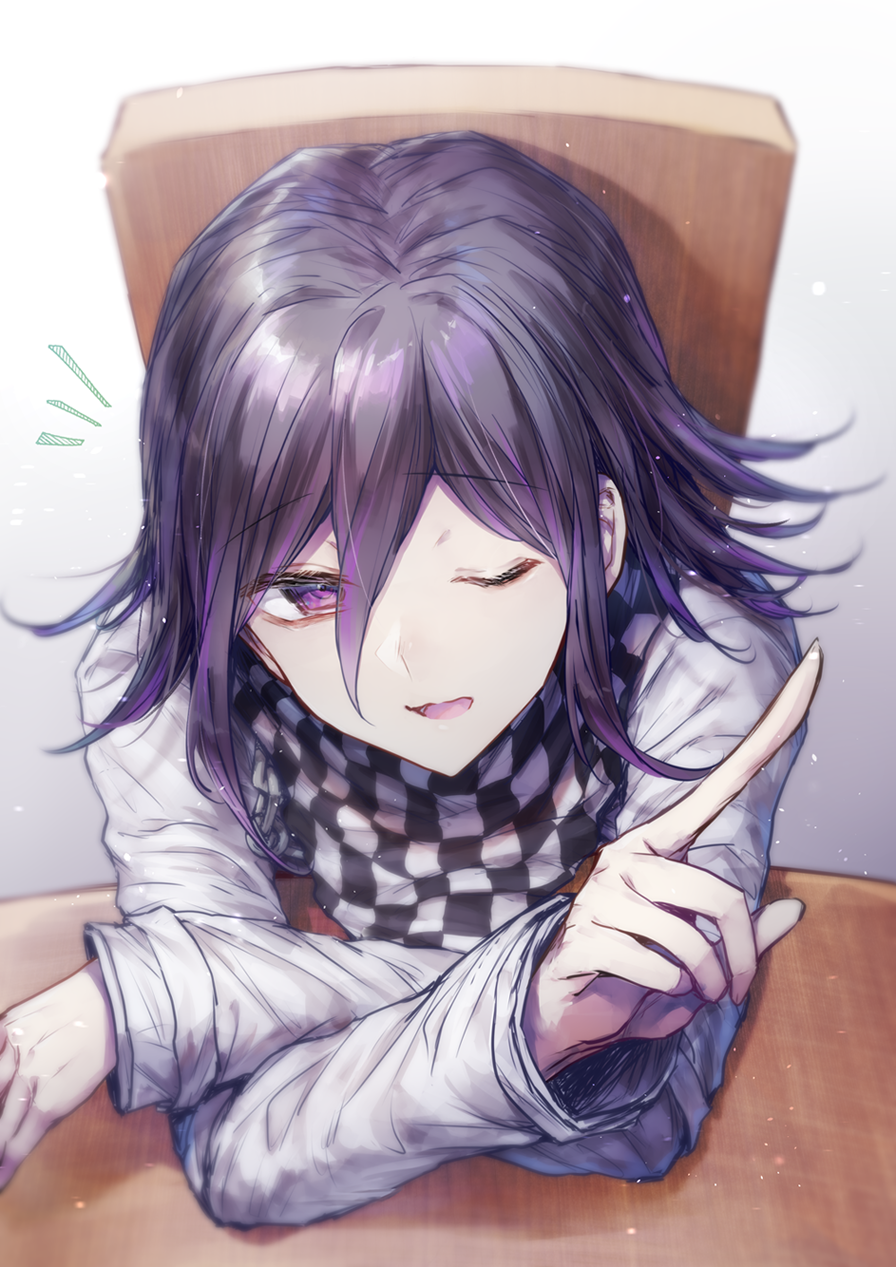 1boy arm_rest bangs black_hair chair checkered checkered_neckwear checkered_scarf commentary_request dangan_ronpa_(series) dangan_ronpa_v3:_killing_harmony eyebrows_visible_through_hair from_above goto_(sep) gradient gradient_background gradient_hair grey_background hair_between_eyes highres index_finger_raised jacket long_sleeves looking_at_viewer male_focus multicolored_hair notice_lines one_eye_closed open_mouth ouma_kokichi purple_hair scarf shiny shiny_hair sitting smile solo table two-tone_hair upper_body violet_eyes white_jacket wooden_chair wooden_table