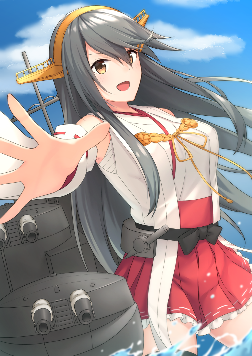 1girl :d akahi242 bare_shoulders black_hair brown_eyes cannon detached_sleeves hair_ornament hairclip haruna_(kantai_collection) headgear highres kantai_collection long_hair machinery nontraditional_miko open_mouth outstretched_arms partially_submerged red_skirt remodel_(kantai_collection) sarashi skirt smile solo turret