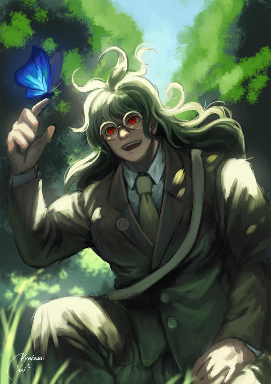 1boy animal bangs blue_butterfly bug butterfly butterfly_on_finger collared_shirt commentary_request dangan_ronpa_(series) dangan_ronpa_v3:_killing_harmony day forest formal glasses gokuhara_gonta grass green_hair hand_on_own_leg hand_up highres insect jacket long_hair long_sleeves male_focus nature necktie nyuukazai open_mouth outdoors red_eyes round_eyewear shirt signature smile solo tree upper_teeth white_shirt