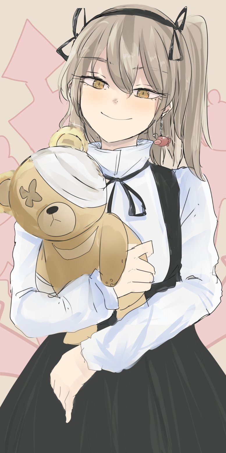 1girl black_hairband black_ribbon black_skirt boko_(girls_und_panzer) closed_mouth earrings girls_und_panzer grey_hair hair_ribbon hairband head_tilt highres holding holding_stuffed_toy jewelry long_sleeves looking_at_viewer ne_kuro neck_ribbon one_side_up pink_background ribbon shimada_arisu shirt skirt smile solo standing stuffed_animal stuffed_toy suspender_skirt suspenders teddy_bear white_shirt yellow_eyes