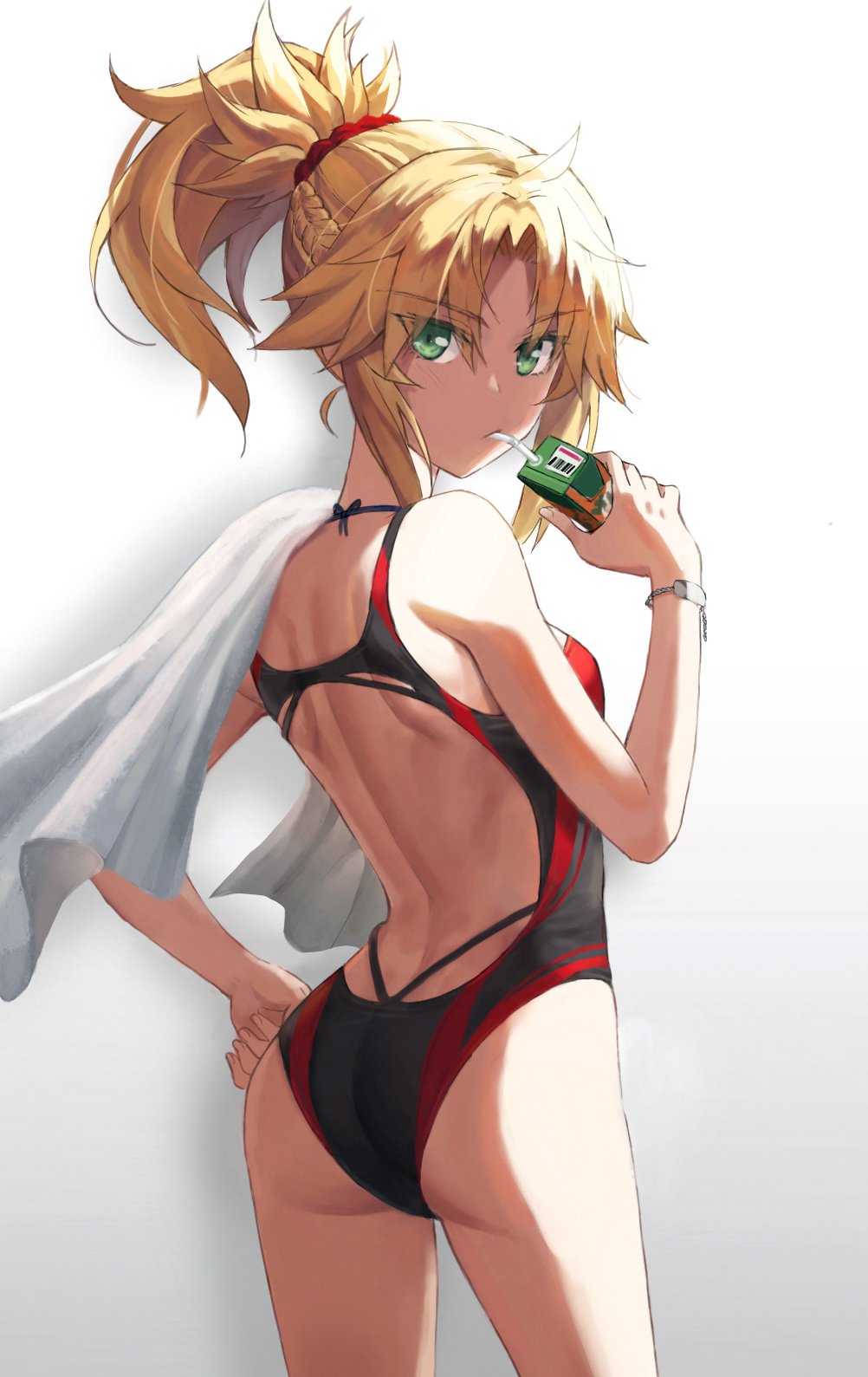 1girl ass back bangs bare_shoulders black_swimsuit blonde_eyebrows blonde_hair braid breasts drinking_straw fate/apocrypha fate_(series) french_braid green_eyes hair_ornament hair_scrunchie highleg highleg_swimsuit highres juice_box long_hair looking_at_viewer looking_back mordred_(fate) mordred_(fate)_(all) no_bra no_panties one-piece_swimsuit parted_bangs ponytail red_swimsuit scrunchie sidelocks small_breasts solo swimsuit thighs tonee towel two-tone_swimsuit
