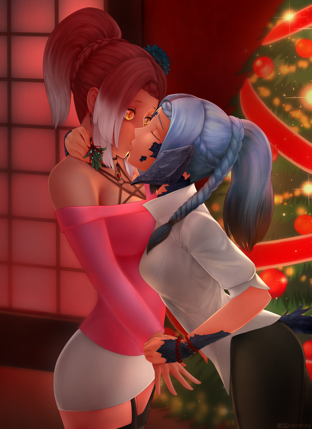 2girls artist_name au_ra black_legwear black_pants blue_hair braid breasts christmas christmas_tree closed_eyes commentary commission cowboy_shot earrings final_fantasy final_fantasy_xiv garter_straps hand_on_another's_neck height_difference highres holding_mistletoe hyur jewelry kiss large_breasts medium_breasts mistletoe multiple_girls off_shoulder pants pink_shirt ponytail raeenay redhead shirt skirt tail taut_clothes thigh-highs thighs tight tight_pants white_shirt white_skirt wrist_grab yellow_eyes yuri