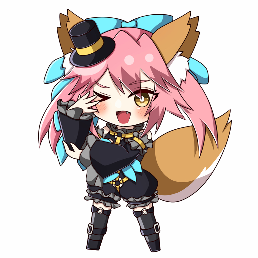 1girl alternate_costume animal_ear_fluff animal_ears blue_ribbon blush chibi fang fate/extra fate/extra_ccc fate_(series) fox_ears fox_girl fox_tail hair_ornament hat illustration_07 mini_hat mini_top_hat o-ring o-ring_top one_eye_closed open_mouth pink_hair ribbon simple_background solo tail tamamo_(fate)_(all) tamamo_no_mae_(fate) top_hat white_background yellow_eyes