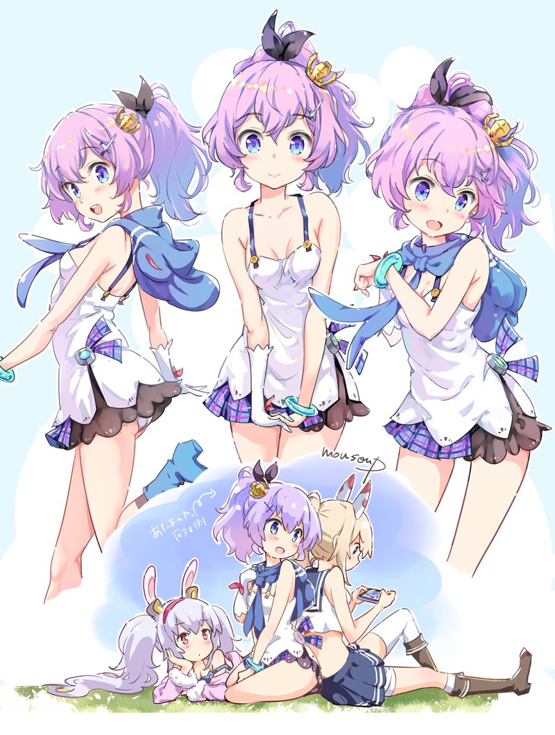 3girls ayanami_(azur_lane) azur_lane bare_arms bare_shoulders blouse blue_eyes blush crown gloves javelin_(azur_lane) laffey_(azur_lane) looking_at_viewer medium_hair mini_crown moupii_(hitsuji_no_ki) multiple_girls multiple_views open_mouth plaid plaid_skirt pleated_skirt purple_hair purple_skirt single_glove skirt smile tank_top tilted_headwear violet_eyes white_gloves wide_ponytail