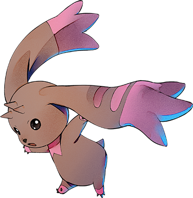 airborne black_eyes creature digimon digimon_survive horns leg_up looking_at_viewer lopmon lowres multiple_horns no_humans official_art open_mouth outstretched_arms shiny shiny_skin snout solo spread_arms tail tongue transparent_background ukumo_uichi