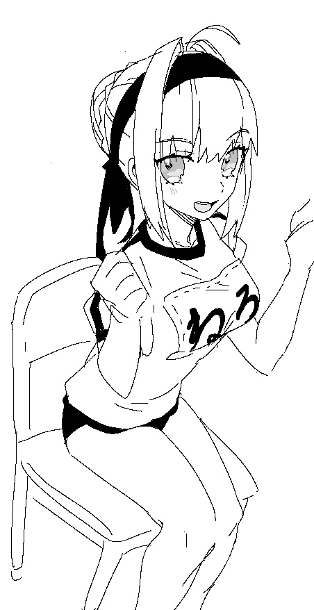 1girl ahoge akamakoto bangs blush braid breasts buruma fate/extra fate/grand_order fate_(series) french_braid gym_shirt gym_uniform hair_between_eyes hair_bun hair_intakes headband large_breasts lineart long_hair looking_at_viewer name_tag nero_claudius_(fate) nero_claudius_(fate)_(all) olympian_bloomers open_mouth shirt smile