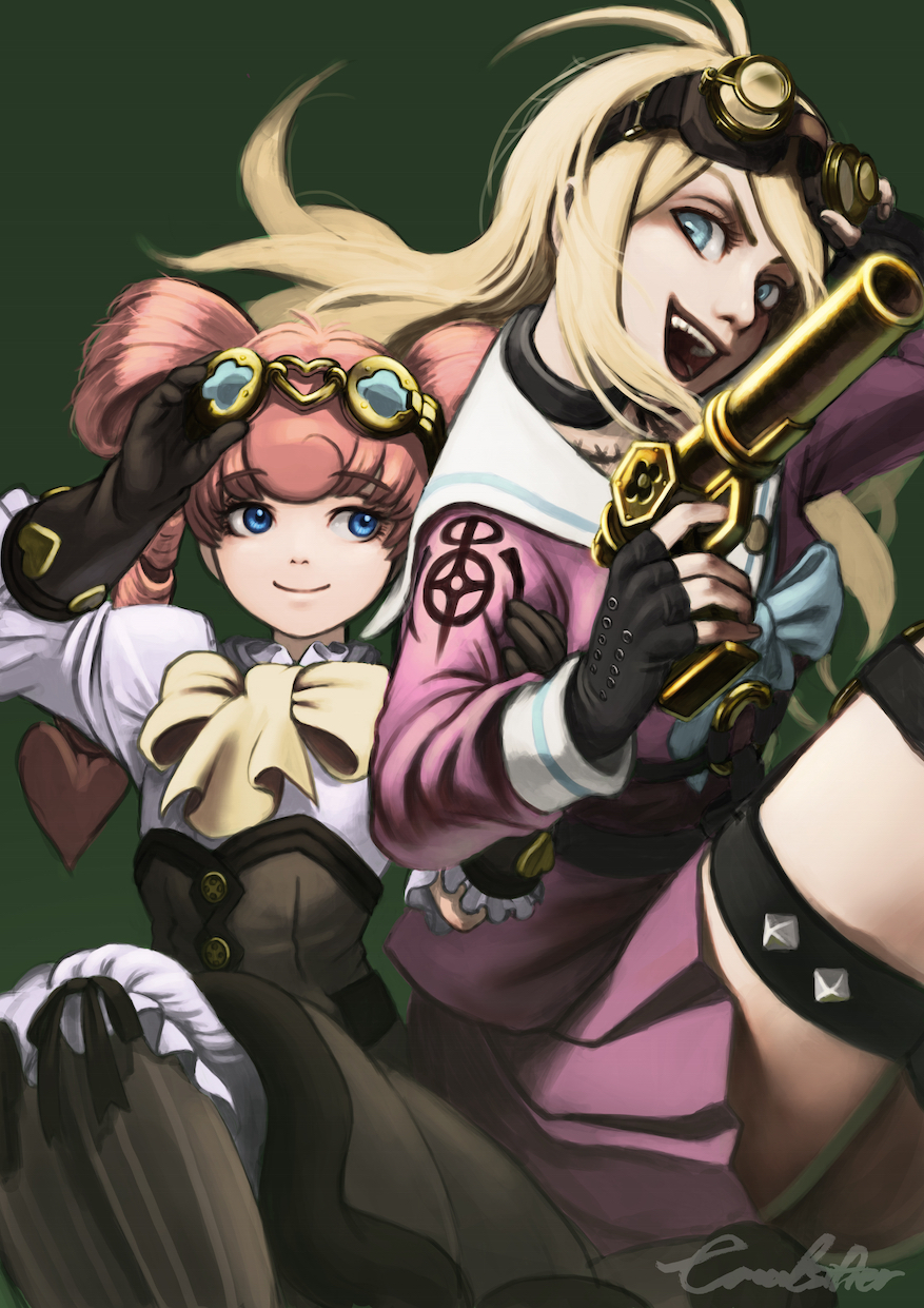 2girls :d adjusting_goggles antenna_hair bangs black_gloves blonde_hair blue_eyes breasts choker commentary_request crossover dai_gyakuten_saiban dangan_ronpa_(series) dangan_ronpa_v3:_killing_harmony drill_hair fingerless_gloves frills gloves goggles goggles_on_head green_background gun gyakuten_saiban hair_ornament hair_rings hand_up highres iris_watson iruma_miu long_hair long_sleeves looking_at_viewer multiple_girls nyuukazai open_mouth photoshop_(medium) pink_hair pink_shirt pink_skirt school_uniform serafuku shirt sitting skirt smile twin_drills twintails weapon