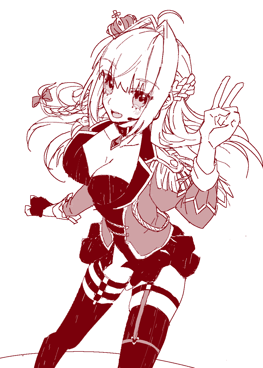 1girl ahoge akamakoto bangs blush braid breasts crown fate/extra fate/grand_order fate_(series) french_braid gloves hair_between_eyes hair_intakes highres large_breasts lineart long_hair long_sleeves looking_at_viewer mini_crown monochrome nero_claudius_(fate) nero_claudius_(fate)_(all) open_mouth return_match smile v