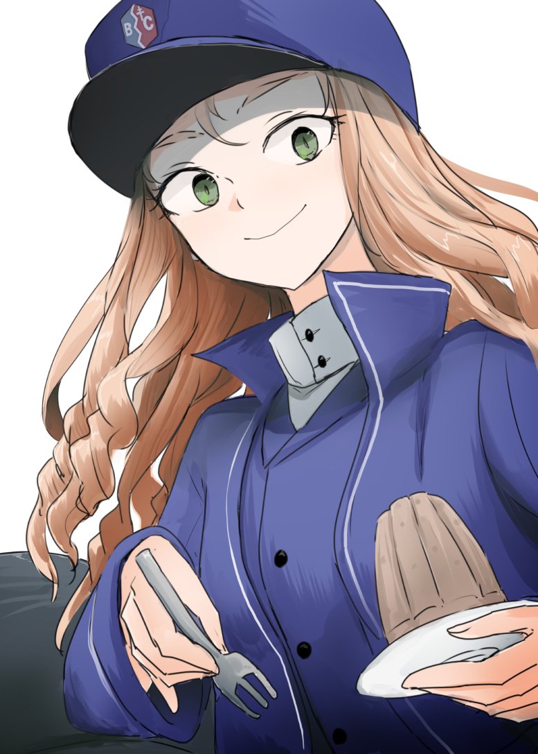 1girl blue_headwear blue_jacket blue_vest brown_hair character_request closed_mouth food fork girls_und_panzer green_eyes hat holding holding_fork jacket long_hair long_sleeves looking_at_viewer ne_kuro open_clothes open_jacket pudding smile solo tray vest white_background