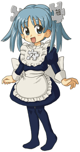 1girl :d apron aqua_eyes aqua_hair bangs blue_dress blush commentary dress english_commentary eyebrows_visible_through_hair frilled_apron frills full_body hair_ornament juliet_sleeves kasuga39 long_sleeves looking_at_viewer maid maid_apron no_shoes official_art open_mouth pantyhose puffy_sleeves puzzle_piece_hair_ornament simple_background skirt smile solo standing twintails waist_apron white_apron white_background wikipe-tan wikipedia