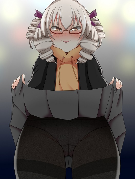 1girl bangs black_jacket black_legwear blonde_hair blush bow commentary_request cookie_(touhou) cowboy_shot drill_hair drill_locks eyebrows_visible_through_hair from_below glasses grey_skirt hair_bow hood hood_down hoodie jacket lifted_by_self looking_at_viewer luna_child nose_blush onaho_(otayoku) open_mouth panties panties_under_pantyhose pantyhose purple_bow riran_youkyu semi-rimless_eyewear short_hair skirt skirt_lift solo touhou under-rim_eyewear underwear yellow_eyes yellow_hoodie