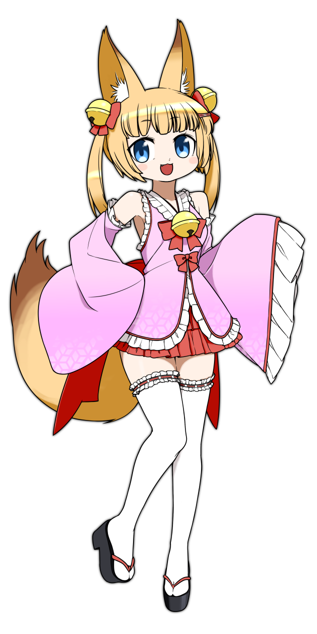 1girl :3 :d animal_ear_fluff animal_ears bangs bare_shoulders bell blonde_hair blue_eyes bow detached_sleeves eyebrows_visible_through_hair fangs fox_ears fox_girl fox_tail frilled_legwear frilled_sleeves frills full_body geta hair_bell hair_bow hair_ornament hairclip highres jingle_bell kemomimi_oukoku_kokuei_housou mikoko_(kemomimi_oukoku_kokuei_housou) miniskirt okunin open_mouth pleated_skirt red_bow red_skirt ribbon-trimmed_legwear ribbon_trim simple_background skirt sleeves_past_fingers sleeves_past_wrists smile solo tail thigh-highs twintails virtual_youtuber white_background white_legwear zettai_ryouiki