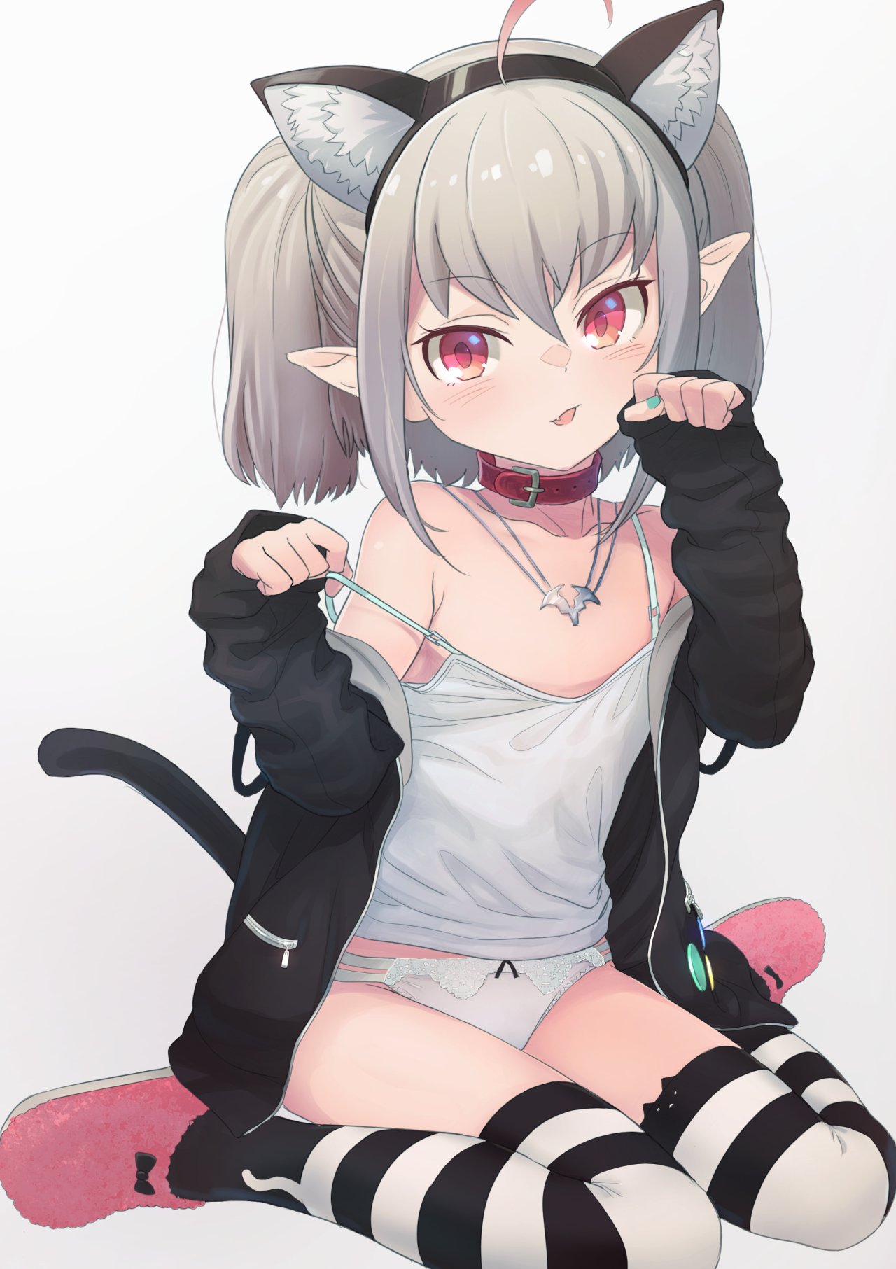 1girl ahoge animal_band_legwear animal_ears bare_shoulders blush bow bow_panties camisole cat_band_legwear cat_ears collar collarbone eyebrows_visible_through_hair fake_animal_ears grey_hair hairband highres jacket jewelry looking_at_viewer makaino_ririmu medium_hair multicolored_hair nail_polish necklace nijisanji off_shoulder open_clothes open_jacket panties parted_lips paw_pose pointy_ears red_collar red_eyes redhead sabamen sidelocks simple_background sitting sleeves_past_wrists slippers solo strap_slip streaked_hair striped striped_legwear thigh-highs twintails underwear virtual_youtuber wariza