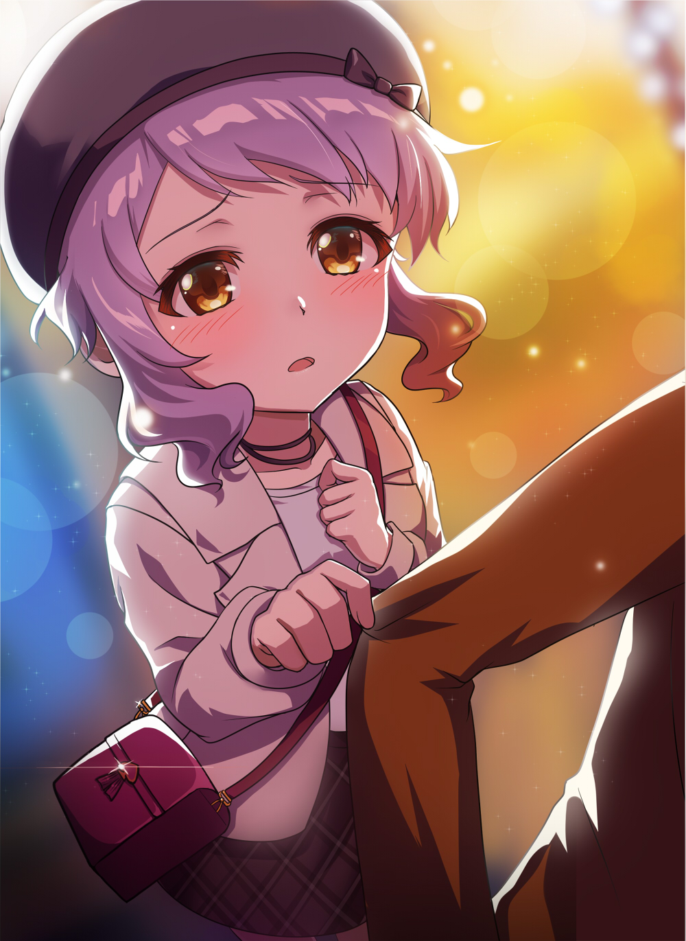 1girl bag bangs beret black_headwear blurry blurry_background blush brown_eyes brown_jacket brown_skirt commentary_request depth_of_field eyebrows_visible_through_hair hat highres idolmaster idolmaster_million_live! idolmaster_million_live!_theater_days jacket makabe_mizuki momoda_yasuhito open_clothes open_jacket out_of_frame parted_lips plaid plaid_skirt purple_hair shirt shoulder_bag skirt sleeve_tug solo_focus white_shirt