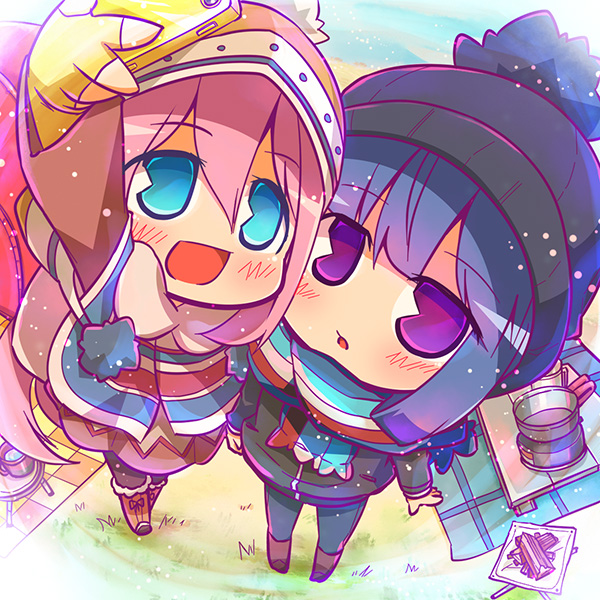 2girls :d bangs beanie black_headwear blue_eyes blue_hair blush boots brown_footwear cellphone chibi commentary eyebrows_visible_through_hair fingerless_gloves foreshortening from_above full_body gloves hair_between_eyes hat holding holding_phone kagamihara_nadeshiko knee_boots long_hair long_sleeves looking_at_viewer looking_up multiple_girls open_mouth pantyhose phone pink_coat pink_hair scarf self_shot shima_rin sidelocks smartphone smile standing striped striped_scarf suntail tent violet_eyes winter_clothes yellow_gloves yurucamp