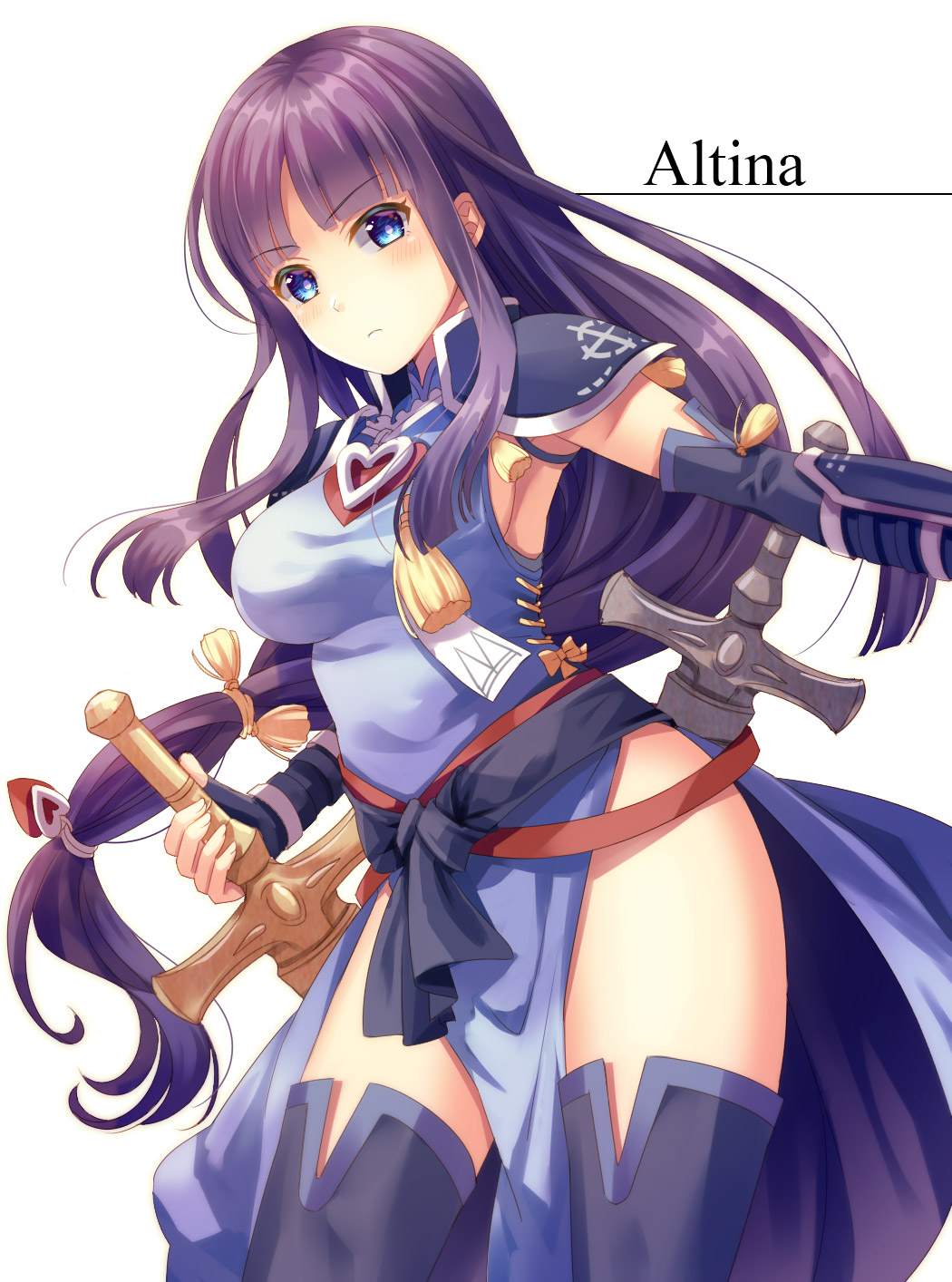 1girl alondite altina armor armpits blue_eyes blush breasts character_name dress fire_emblem fire_emblem:_radiant_dawn fire_emblem_heroes highres holding holding_sword holding_weapon if_oki long_hair pelvic_curtain purple_hair ragnell serious sheath sheathed shoulder_armor side_slit sideboob simple_background solo sword weapon white_background