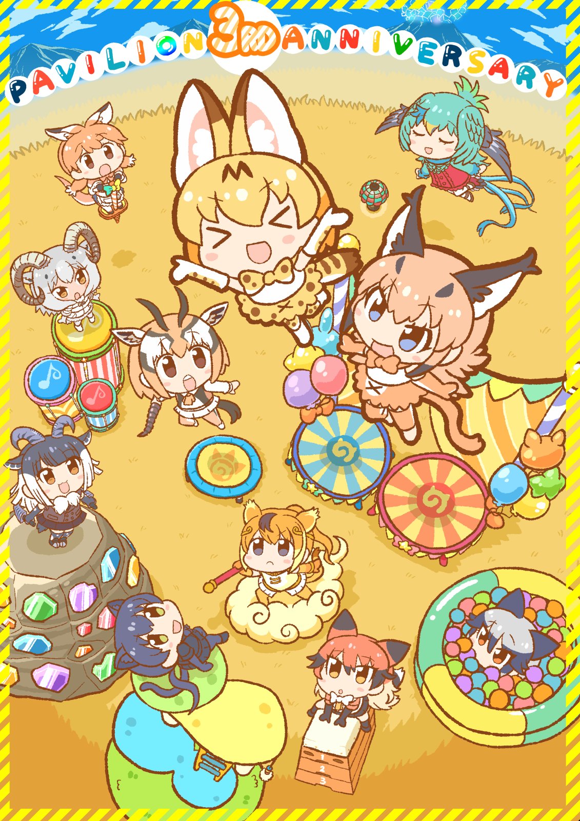 &gt;_&lt; 6+girls :c :d :o animal_ears anniversary apron arms_up ball_pit balloon bangs bird_tail bird_wings black_eyes black_hair black_leopard_(kemono_friends) blonde_hair blue_eyes bow bowtie brown_eyes brown_hair caracal_(kemono_friends) caracal_ears caracal_girl caracal_tail chibi circlet closed_mouth clouds dall_sheep_(kemono_friends) day dress drum dual_wielding elbow_gloves extra_ears eyebrows_visible_through_hair fisheye floating fox_ears fox_girl fox_tail from_above full_body gazelle_ears gazelle_horns gazelle_tail gloves golden_snub-nosed_monkey_(kemono_friends) grey_hair head_wings highres himalayan_tahr_(kemono_friends) holding holding_weapon horns instrument jumping kangaroo_ears kangaroo_tail kemono_friends kemono_friends_pavilion kotobuki_(tiny_life) leopard_ears leopard_tail light_brown_hair long_hair looking_at_another medium_hair monkey_ears monkey_tail multicolored_hair multiple_girls open_mouth orange_eyes orange_hair outdoors playground_equipment_(kemono_friends_pavilion) pogo_stick red_fox_(kemono_friends) red_kangaroo_(kemono_friends) redhead resplendent_quetzal_(kemono_friends) serval_(kemono_friends) serval_ears serval_girl serval_print serval_tail sheep_ears sheep_girl sheep_horns shirt short_dress silver_fox_(kemono_friends) sitting skirt sleeveless sleeveless_shirt smile standing tail thomson's_gazelle_(kemono_friends) trampoline twintails two-tone_hair v-shaped_eyebrows wading_pool weapon white_hair wings xd yellow_eyes