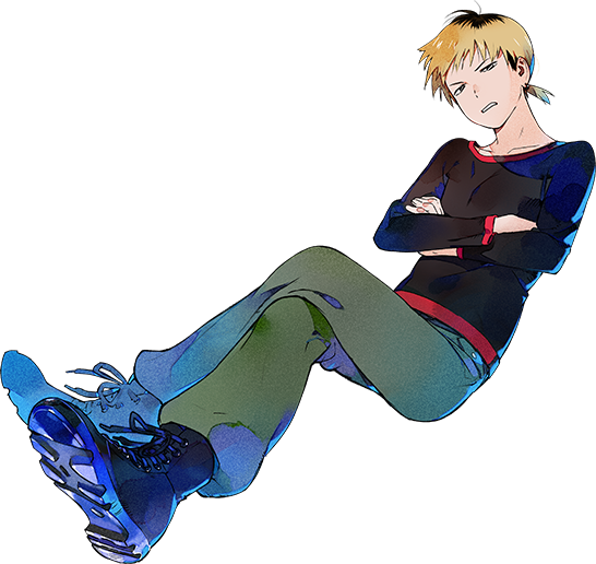 1boy airborne black_footwear black_shirt blonde_hair blue_footwear boots brown_hair collarbone crossed_arms crossed_legs digimon digimon_survive earrings green_pants grey_eyes jewelry looking_at_viewer multicolored_hair official_art open_mouth pants red_shirt shinonome_kaito shiny shiny_clothes shiny_footwear shirt short_ponytail squinting teeth transparent_background two-tone_footwear two-tone_hair two-tone_shirt ukumo_uichi