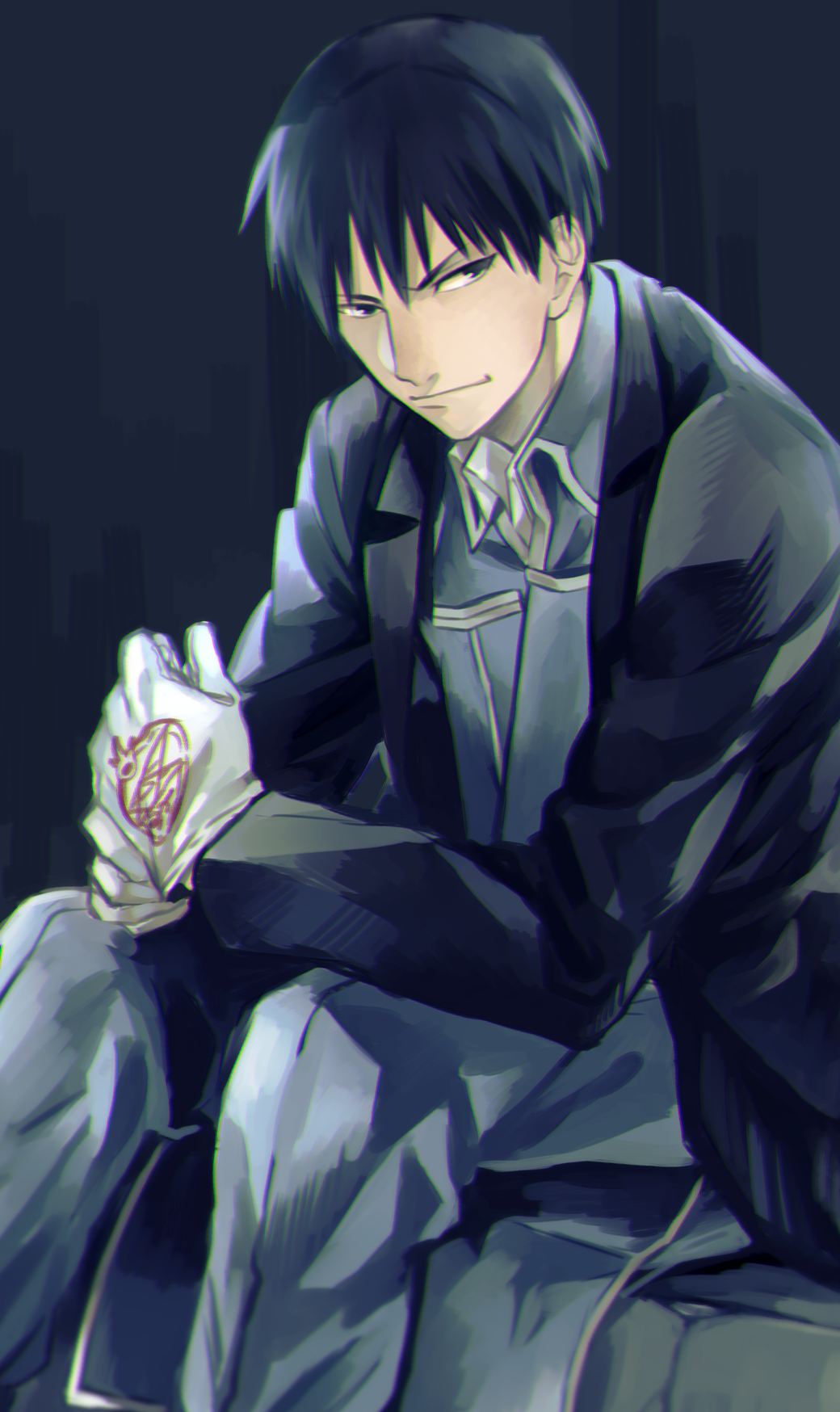 1boy amestris_military_uniform black_background black_coat black_eyes black_hair blue_jacket blue_pants blue_theme chromatic_aberration closed_mouth coat collared_jacket elbows_on_knees eyebrows_visible_through_hair facing_viewer feet_out_of_frame fullmetal_alchemist gloves highres jacket looking_to_the_side makaron611 male_focus military military_uniform open_clothes open_coat pants roy_mustang simple_background sitting smile uniform v-shaped_eyebrows white_gloves
