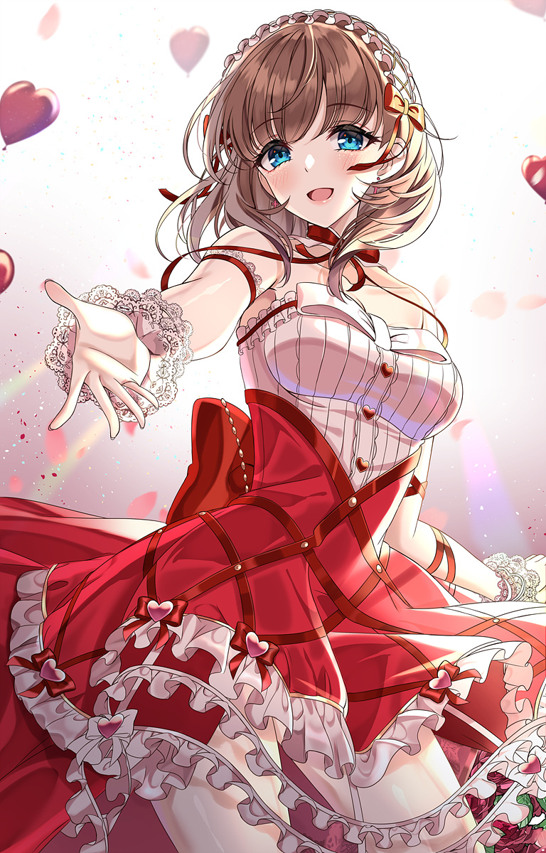 1girl :d bangs blue_eyes blush bow breasts brown_hair collarbone commentary_request elbow_gloves eyebrows_visible_through_hair frilled_skirt frills gloves gradient gradient_background grey_background heart highres idolmaster idolmaster_cinderella_girls idolmaster_cinderella_girls_starlight_stage long_hair looking_at_viewer medium_breasts open_mouth outstretched_arm red_skirt sakuma_mayu shirt skirt smile solo strapless sutoroa white_background white_bow white_gloves white_shirt