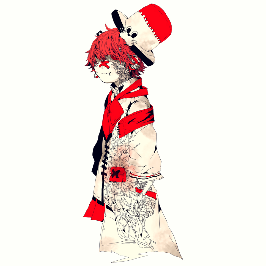 1boy 3kuma armband ascot bandaged_arm bandages closed_eyes coat colored_skin cross_scar flag from_side fukase hat headphones male_focus official_art pleated_skirt red_eyes red_neckwear red_skirt redhead scar_on_arm scar_on_mouth skirt upper_body vocaloid white_background white_coat white_skin