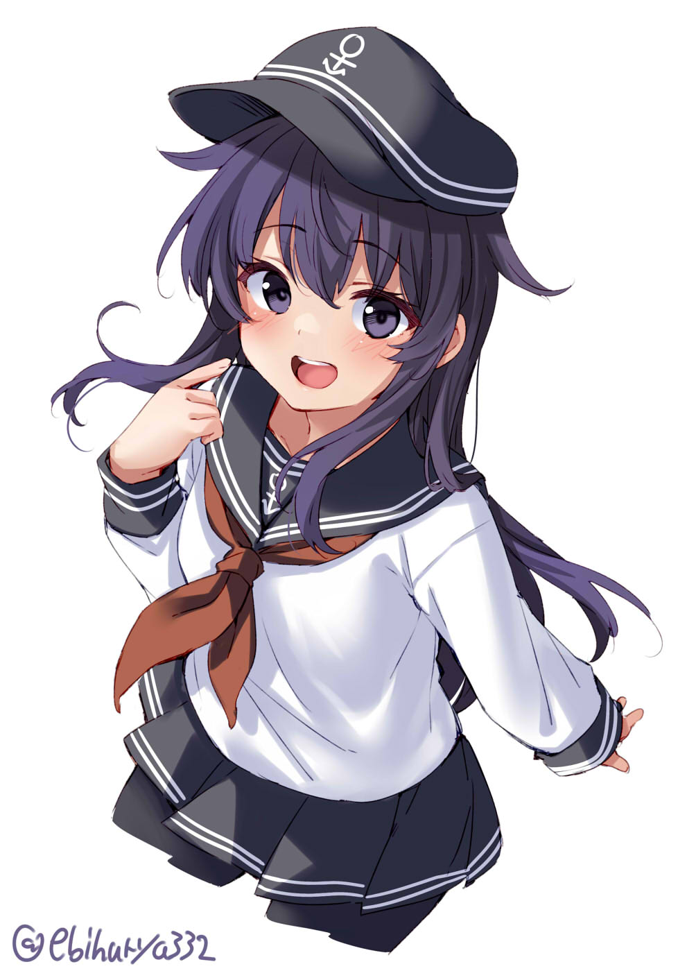 1girl akatsuki_(kantai_collection) anchor anchor_symbol ascot badge black_legwear black_sailor_collar blouse blush cowboy_shot ebifurya eyebrows_visible_through_hair flat_chest hair_between_eyes hat highres kantai_collection long_hair long_sleeves looking_at_viewer messy_hair open_mouth pantyhose pleated_skirt purple_hair red_neckwear sailor_collar school_uniform serafuku simple_background skirt solo twitter_username violet_eyes white_background white_blouse