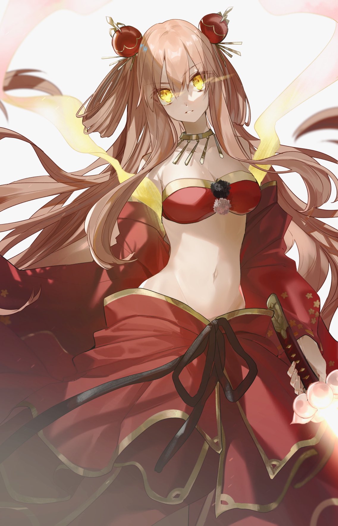 1girl breasts fate/extra fate/extra_ccc fate/extra_ccc_fox_tail fate/grand_order fate_(series) glowing glowing_eyes glowing_sword glowing_weapon hagoromo highres hino_hinako katana long_hair navel no_animal_ears shawl suzuka_gozen_(fate) sword very_long_hair weapon yellow_eyes